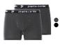 Twee paar donkergrijze herenboxershorts met een zwart-witte merktaillband.