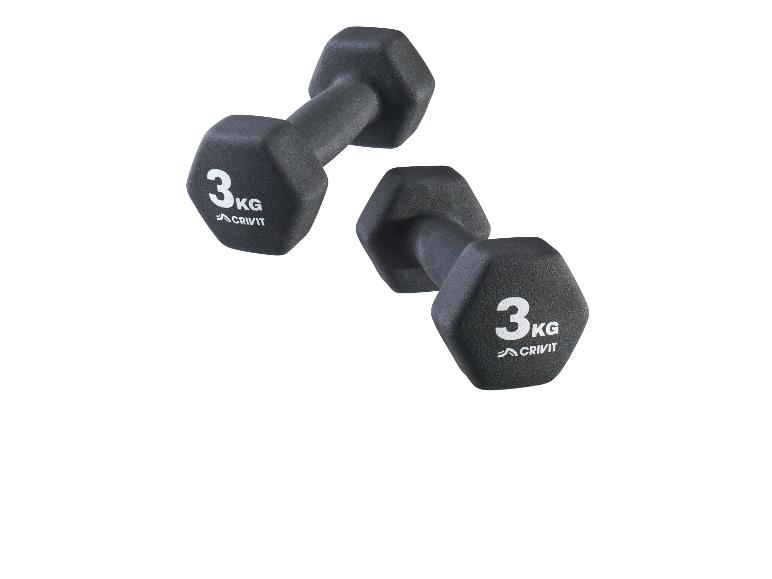 Twee zwarte 3 kg Crivit dumbbells met zeshoekige uiteinden.