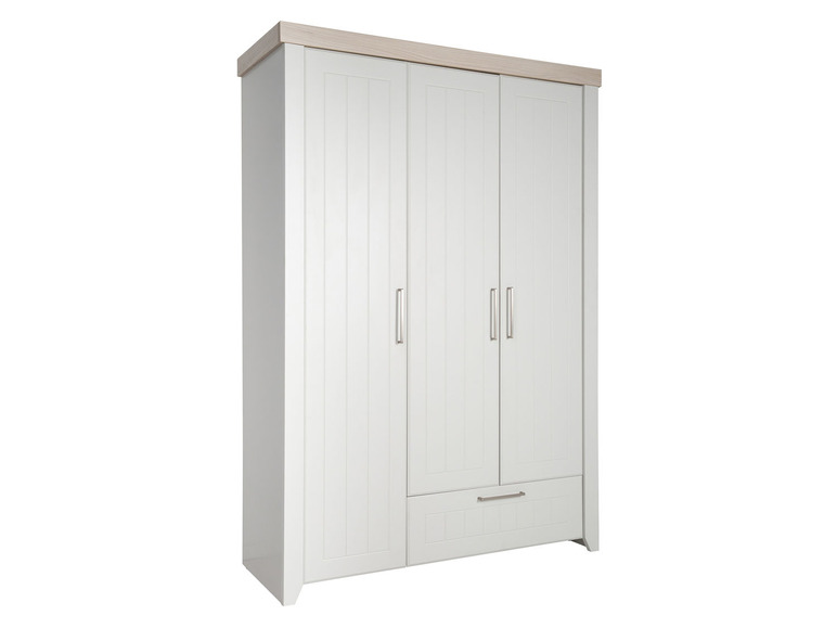 Witte kledingkast met drie deuren en een lade.