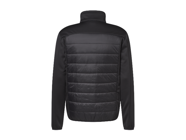 Een zwart gewatteerd jack, achterkant.