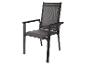 Tuinstoel met armleuningen, metalen frame en grijze stoffen zitting.
