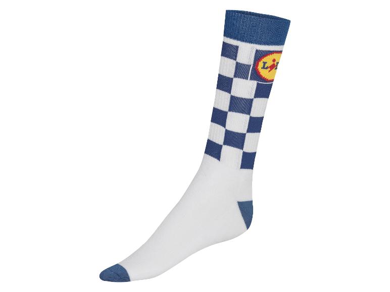 Le Coq Sportif sokken, wit en blauw ruitpatroon.