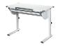 Wit, verstelbaar bureau met geïntegreerde lade.
