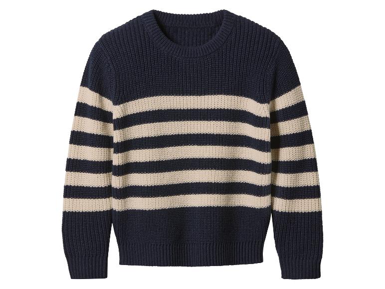 Gebreide trui met donkerblauwe en beige horizontale strepen.