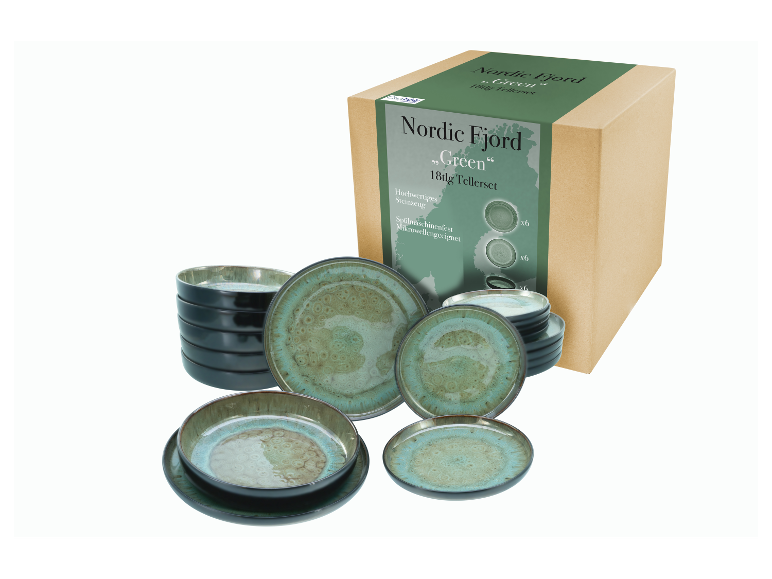 Nordic Fjord “Green” servies: grijsgroene keramische borden en kommen.