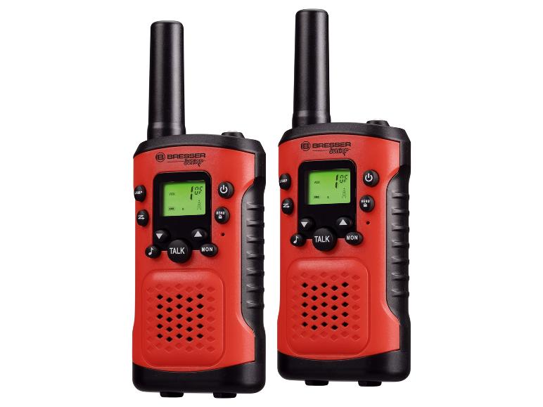 Twee rode Bresser Junior walkie-talkies met antennes.