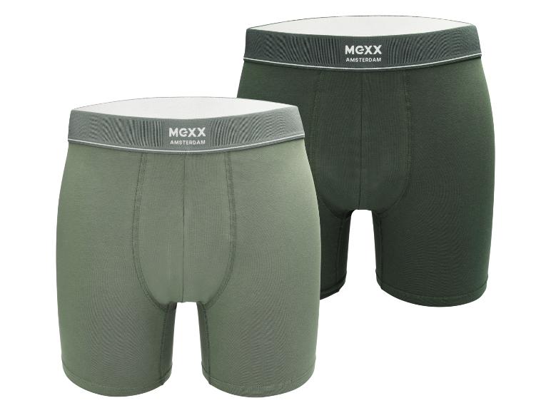 Twee Mexx Amsterdam boxershorts in olijfgroen en donkergroen.