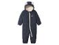 Donkerblauwe gewatteerde baby winteroverall met oorkap en pluche voering.