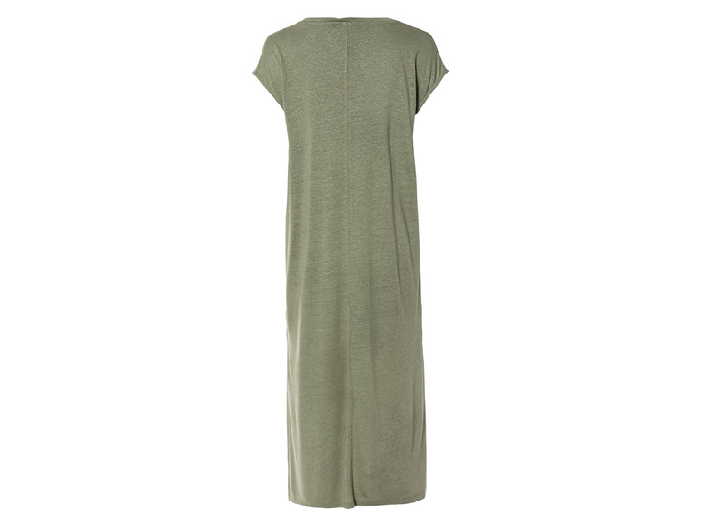 Een groene, lange jurk met korte mouwen.