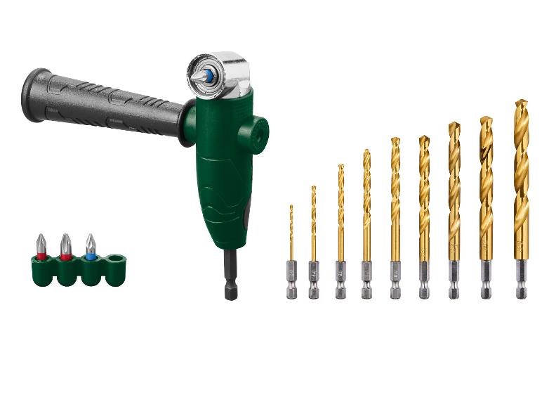 Haakse booradapter met handvat, schroevendraaierbits en een set boorbits.