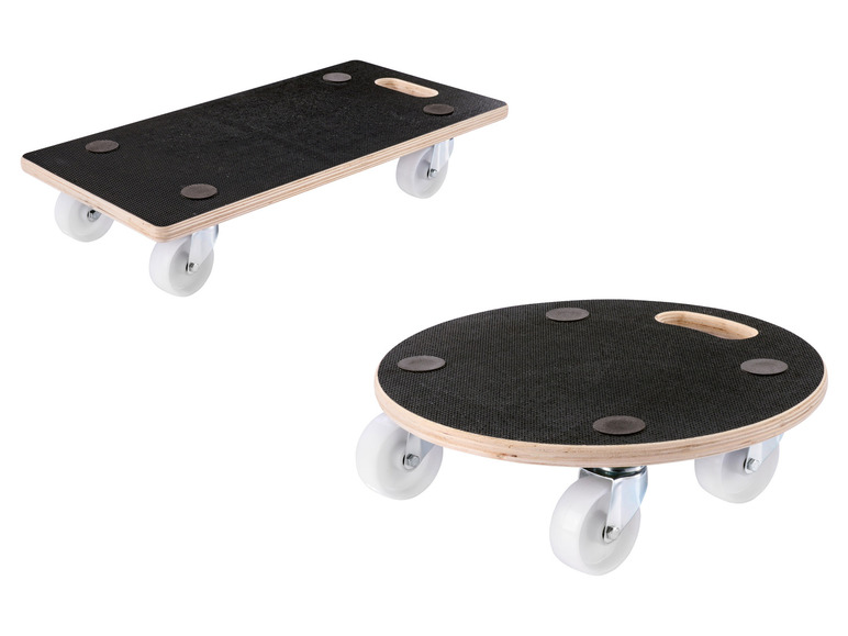 Twee houten plateaus met wielen, een rechthoekig en een rond.