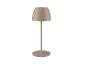 Beige tafellamp met conische kap en ronde voet.