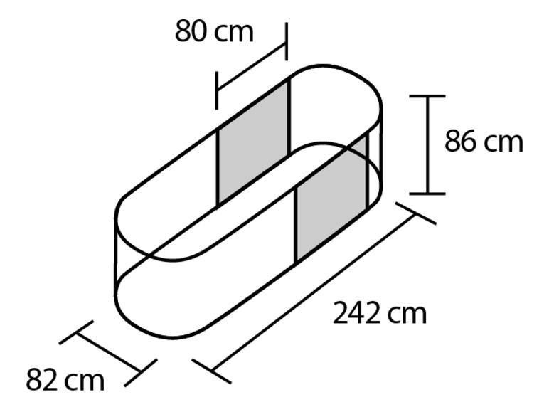Isometrisch aanzicht van een ovale verhoogde moestuinbak met afmetingen: 242x82x86 cm, 80 cm diepte.