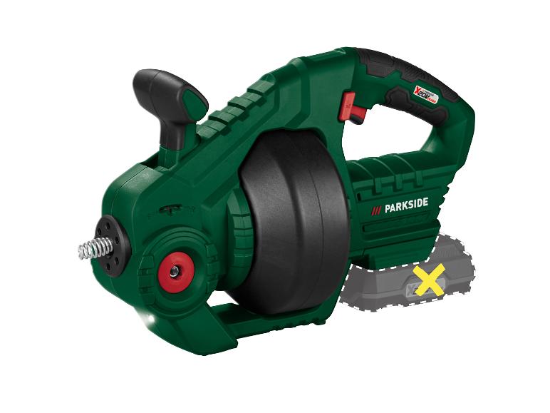 PARKSIDE draadloze rioolreiniger met flexibele spiraal en ontbrekende batterij aangegeven met een gele X.