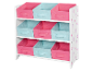 Opbergmeubel voor kinderen met 9 roze en blauwe stofbakken.