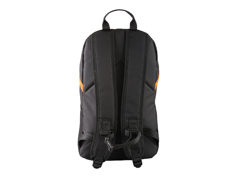 Een zwarte rugzak met oranje accenten, van achteren gezien.