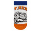 Witte sokken met een T-Rex print, oranje en blauwe accenten.