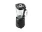 Zwarte blender met glazen kan en bedieningsknop, met maatverdelingen.