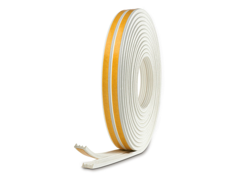 Witte afdichtingsband met gele strepen, opgerold.