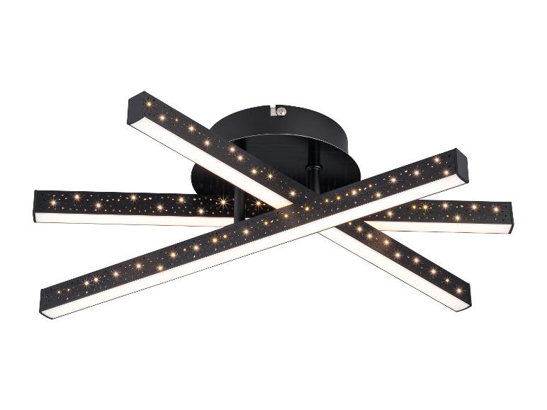 Moderne zwarte LED plafondlamp met sterren-effect perforaties en lineaire lichtbalken