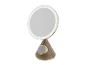 Ronde make-upspiegel met LED-verlichting, conische stoffen basis en draadloze oplader.