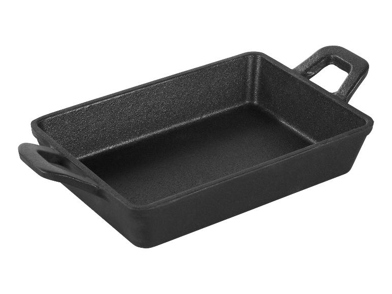 Rechthoekige zwarte gietijzeren schaal met handvatten, ideaal om te serveren of koken.