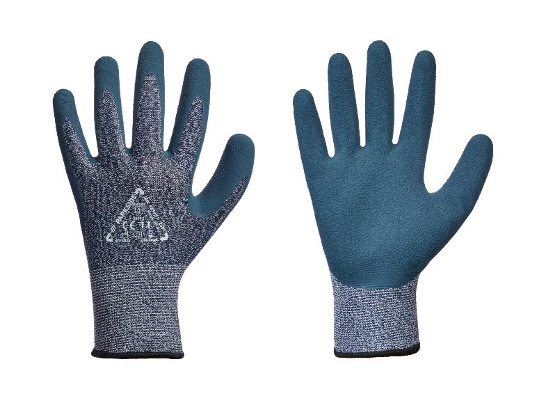 Een paar blauwe en grijze Parkside werkhandschoenen, voor- en achterkant.