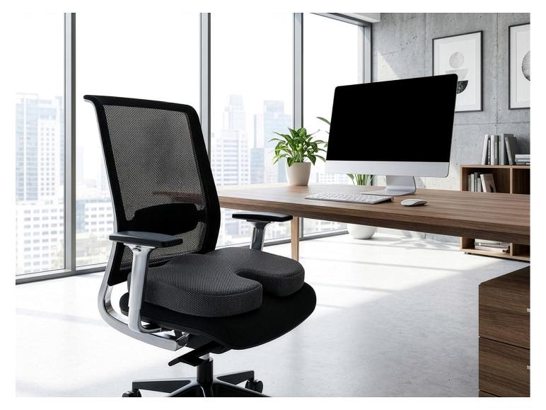 Ergonomische bureaustoel met zitkussen, voor een raam met uitzicht op de stad.