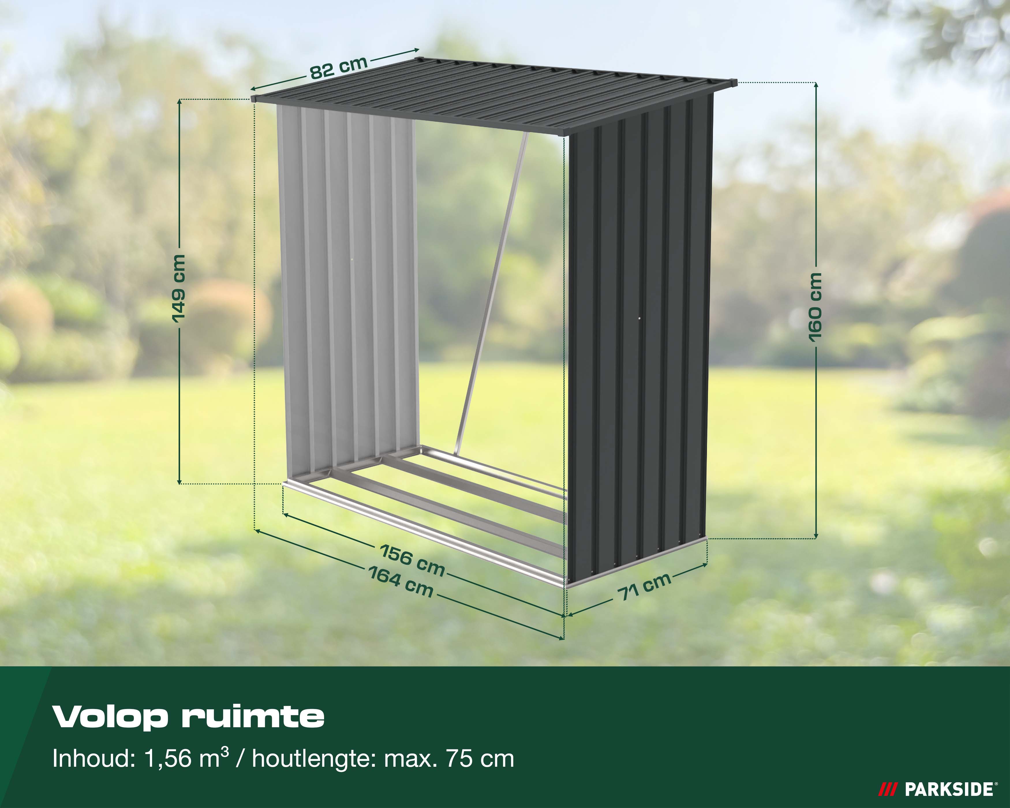Informatieve afbeelding over het Parkside brandhoutrek. Tekst: Volop ruimte. Inhoud: 1,56 kubieke meter, houtlengte: max. 75 cm. Inclusief gedetailleerde afmetingen in centimeters op de afbeelding