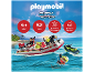 Speelgoed brandweerboot met figuren en accessoires in het water.