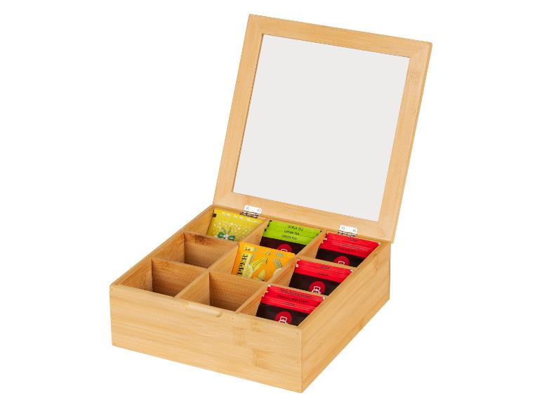 Bamboe theedoos met vakjes voor verschillende theesoorten.