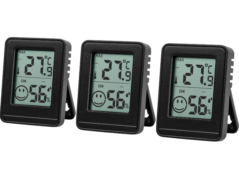 Drie digitale thermometers die 27.9°C en 56% luchtvochtigheid weergeven met een blije gezicht-icoon