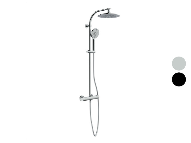 Een chromen doucheset met een regendouche en handdouche.