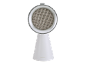 Witte conische luidspreker met rond zilveren rooster en handvat.