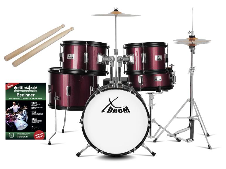 Bordeauxrood XDRUM drumstel met drumstokken en een instructieboek voor beginners.