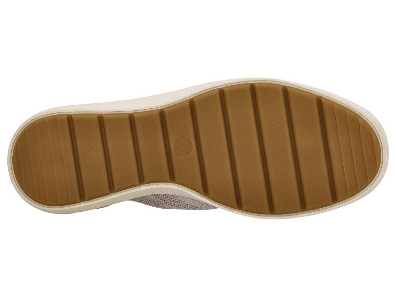 Bruine schoenzool met gestreept patroon en een klein cirkelvormig logo.