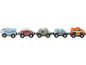 Houten speelgoedtrein met wagons die een sportwagen, een motor, een skelter en een pick-up truck vervoeren.