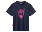 Een donkerblauw T-shirt met een roze maskerprint.