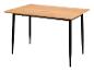 Rechthoekige eettafel met licht houten blad en zwarte poten.