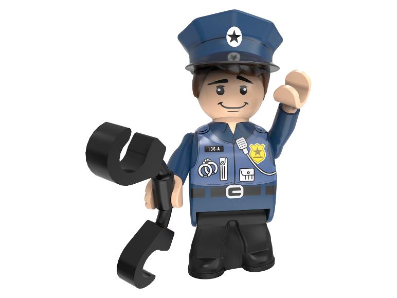 Lego-stijl politiefiguur met handboeien en zwaaiend