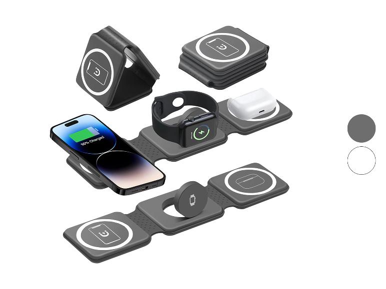 Grijze draadloze oplader voor iPhone, Apple Watch en AirPods.