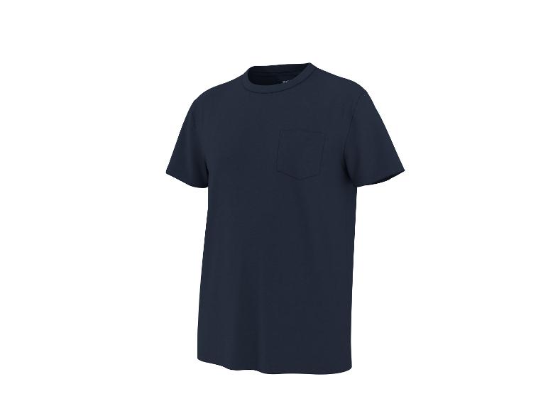 Donkerblauw heren T-shirt met korte mouwen en borstzak.