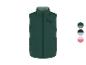 Groen gewatteerd vest met 'NY'-logo en kleurstalen.