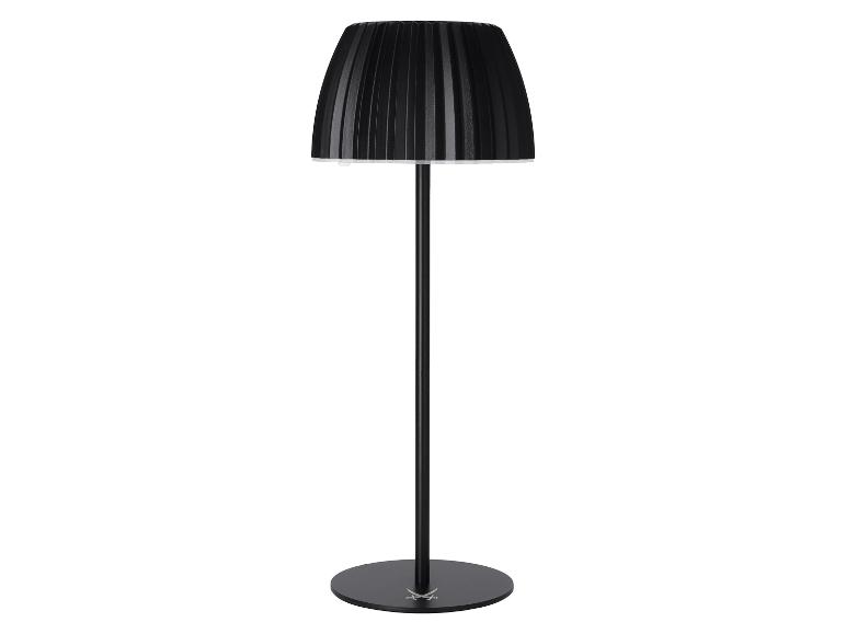 Zwarte vloerlamp met geplooide kap en ronde voet.