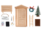 Een set met elfenhuisdeur, kerstboom, krans, ladder en bakbenodigdheden voor Kerstmis.