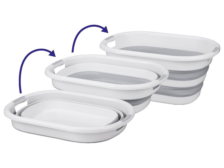 Drie opvouwbare wasmanden, die het in- en uitvouwproces tonen.