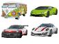 Vier 3D-autopuzzels: een VW-bus, een groene Lamborghini en twee Porsches.
