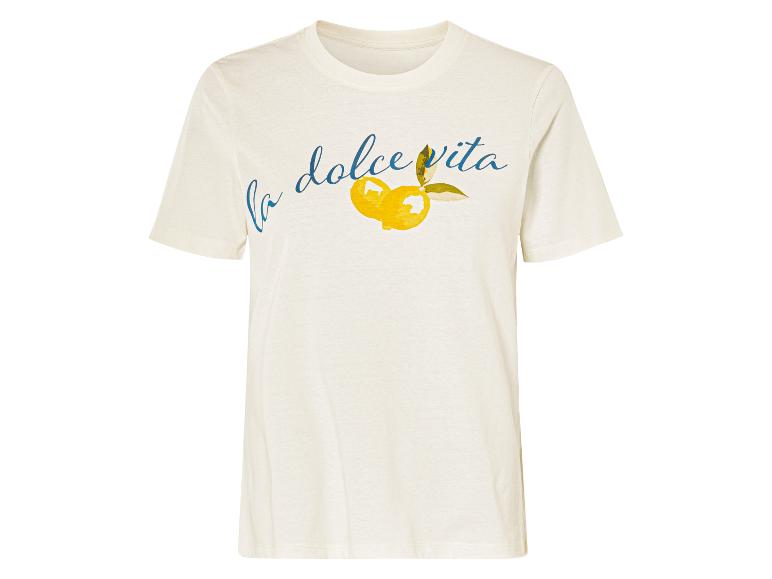 Crèmekleurige t-shirt met citroendruk en de tekst "La dolce vita".