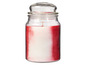 Een rode geurkaars in een glazen pot met deksel.