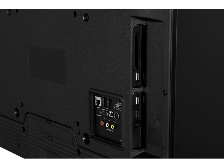 Achterkant van een tv met HDMI, VGA, USB-poorten en een antenne-ingang.